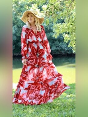 FARM Rio Azalea Maxi Dress Red Tropical Floral Small